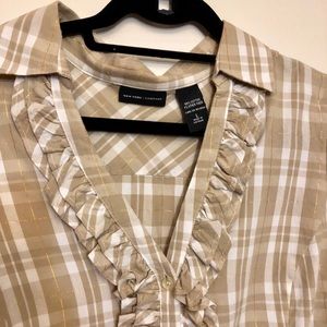 Gold and Tan Plaid, Frilled Blouse